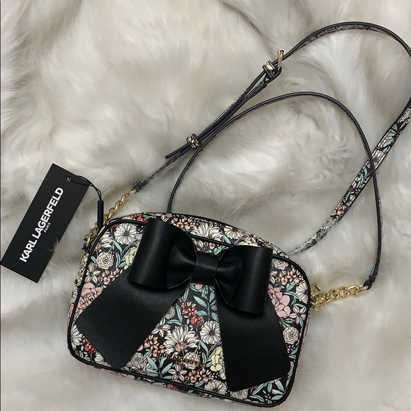 NWT KARL LAGERFELD Blk Bow Floral PARIS Crossbody